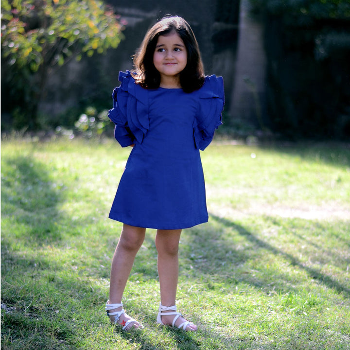 Shoulder Frilled Casual Dress - Royal Blue