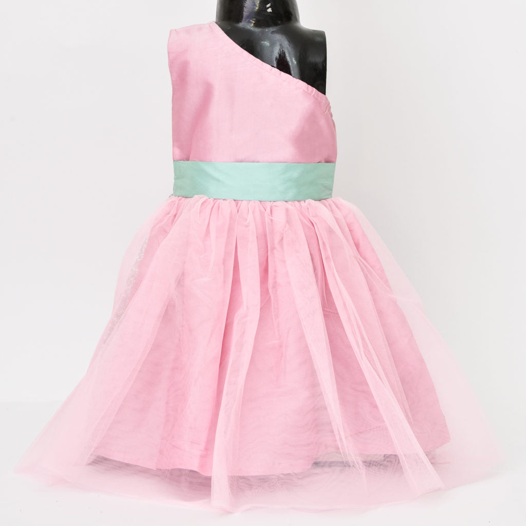 Pink Bow Applique Sequin One Shoulder Dress