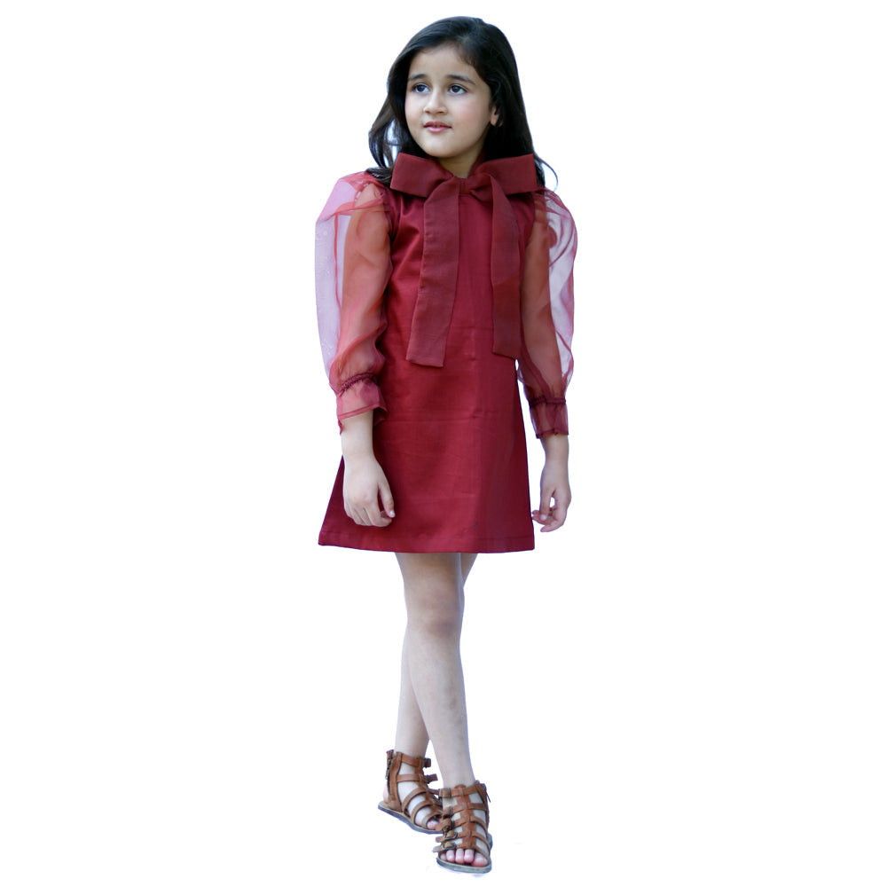 Maroon Bow Applique Full Sleeve Dress