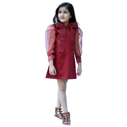 Maroon Bow Applique Full Sleeve Dress