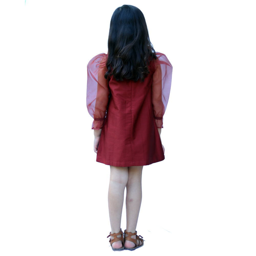 Maroon Bow Applique Full Sleeve Dress