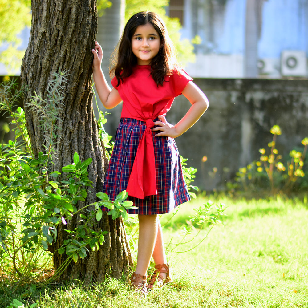 Girls Red Top And Plaid Skirt Set