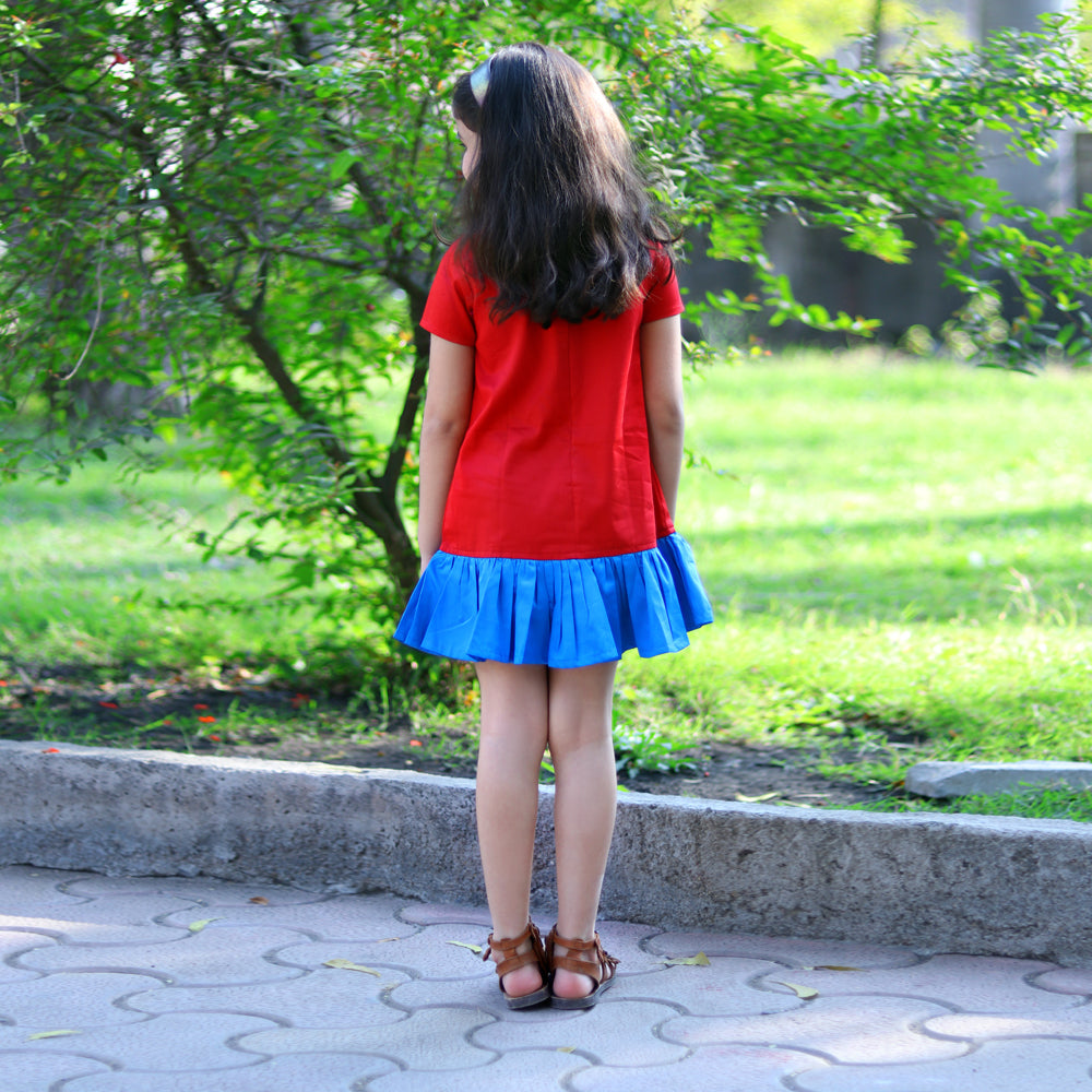Red Half Seeves Blue Frills Dress