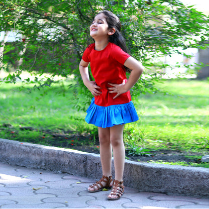 Red Half Seeves Blue Frills Dress