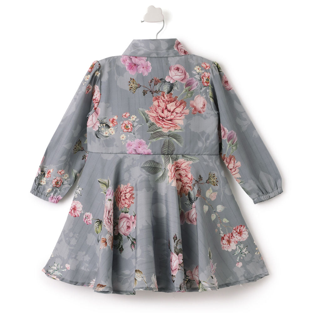 Gray Floral Print Full Sleeve Dress