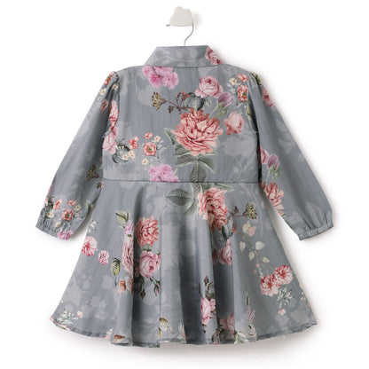 Gray Floral Print Full Sleeve Dress