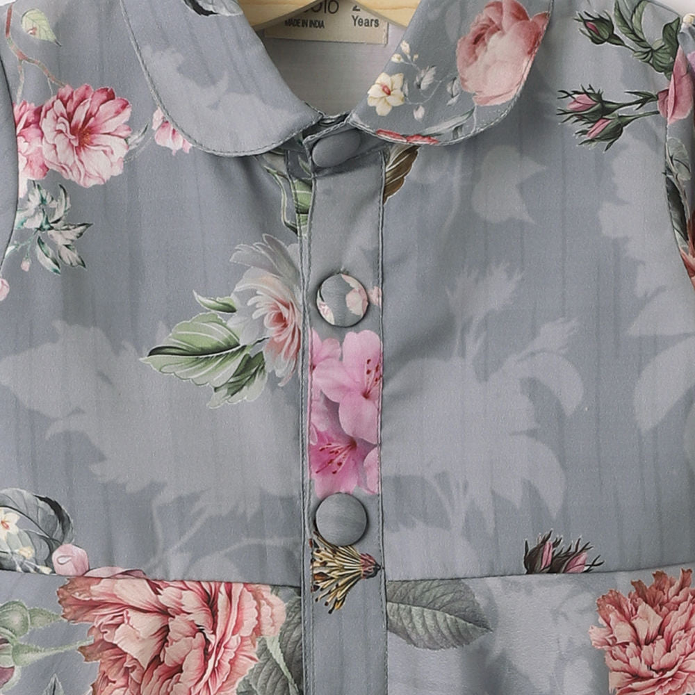 Gray Floral Print Full Sleeve Dress