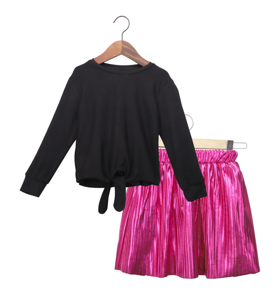 Hot Pink Foil Pleated Skirt With Balck Knot Full Sleeves Top