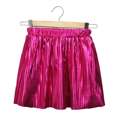 Hot Pink Foil Pleated Skirt With Balck Knot Full Sleeves Top