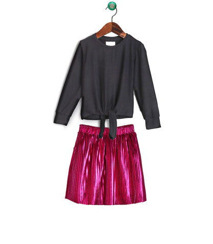 Hot Pink Foil Pleated Skirt With Balck Knot Full Sleeves Top