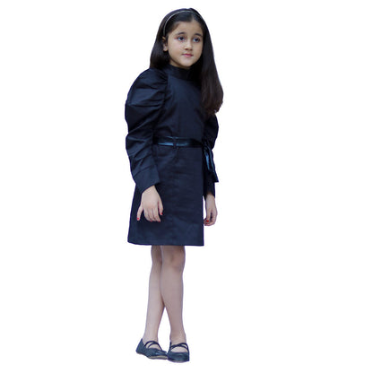 Black Puff Sleeves Dress With Belt