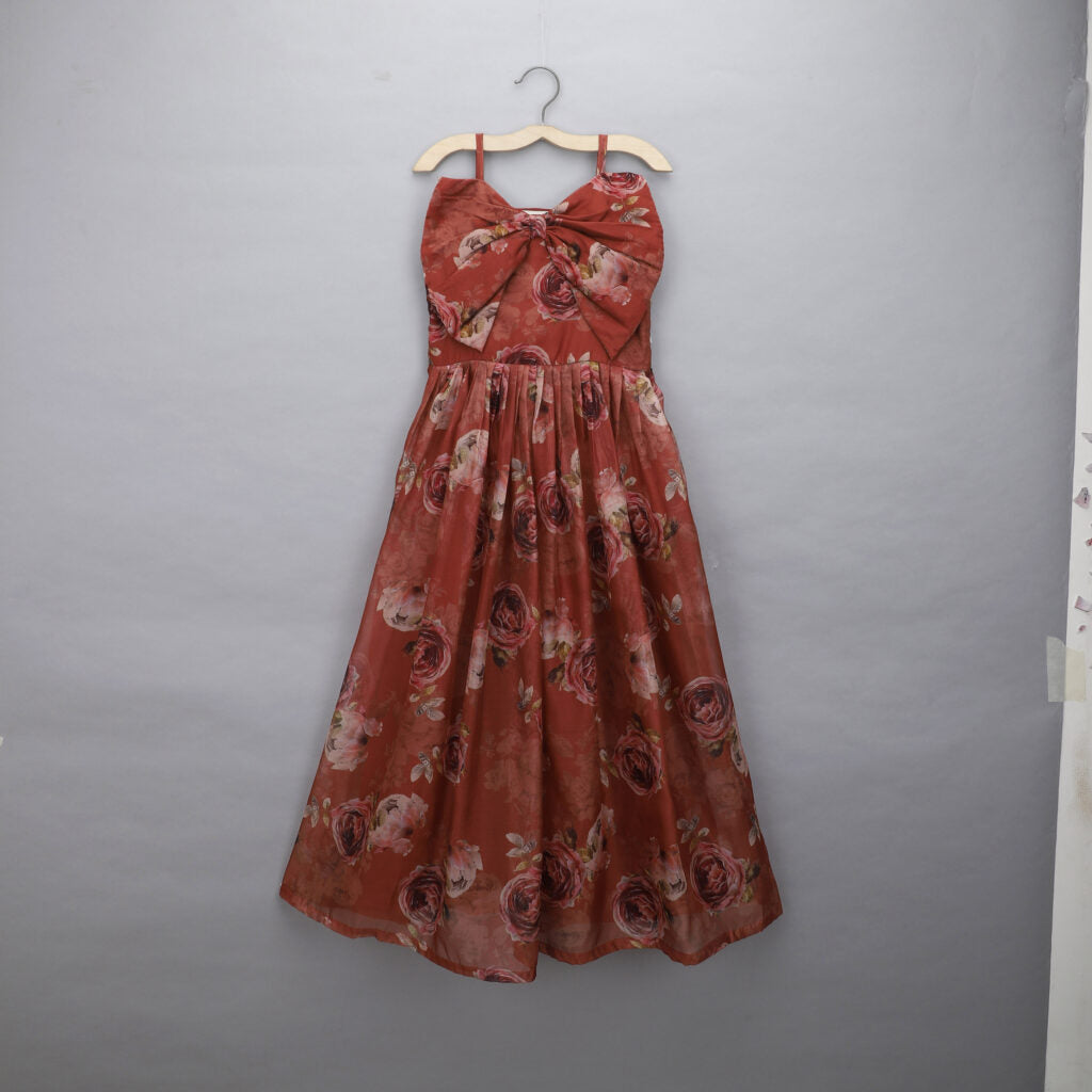 Brown Floral Printed With Bow Applique Gown