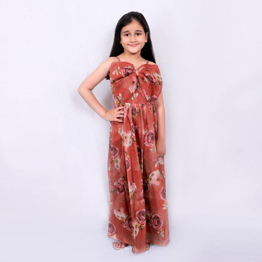 Brown Floral Printed With Bow Applique Gown