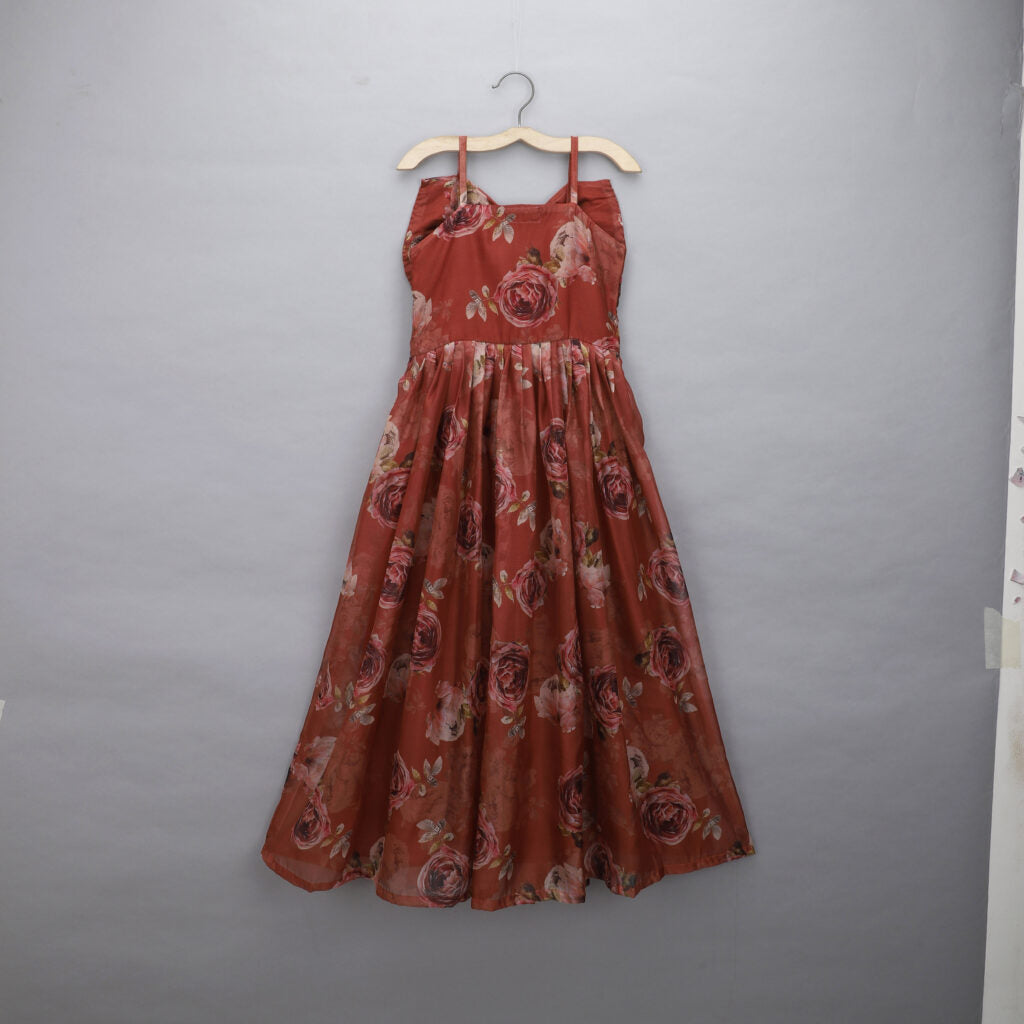 Brown Floral Printed With Bow Applique Gown
