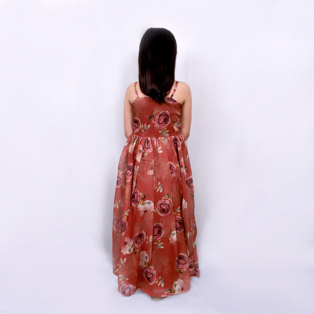 Brown Floral Printed With Bow Applique Gown