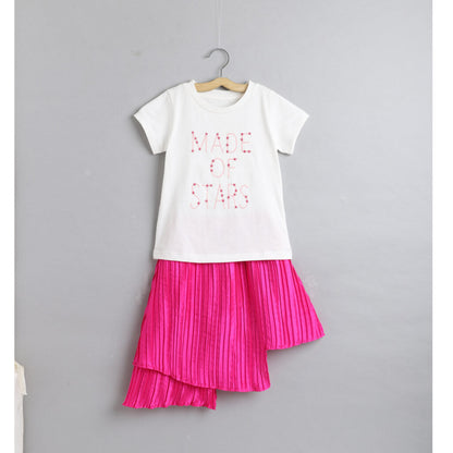 Pink Half Sleeves  Printed Top With Skirt Set