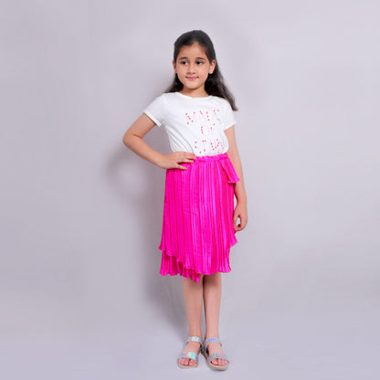 Pink Half Sleeves  Printed Top With Skirt Set