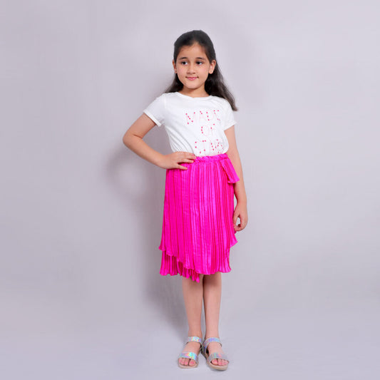 Pink Half Sleeves  Printed Top With Skirt Set