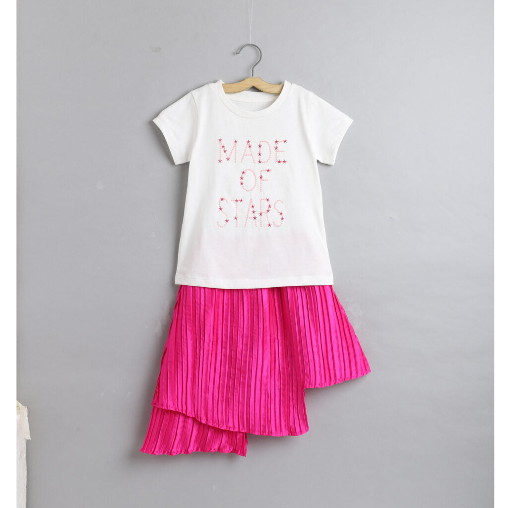 Pink Half Sleeves  Printed Top With Skirt Set