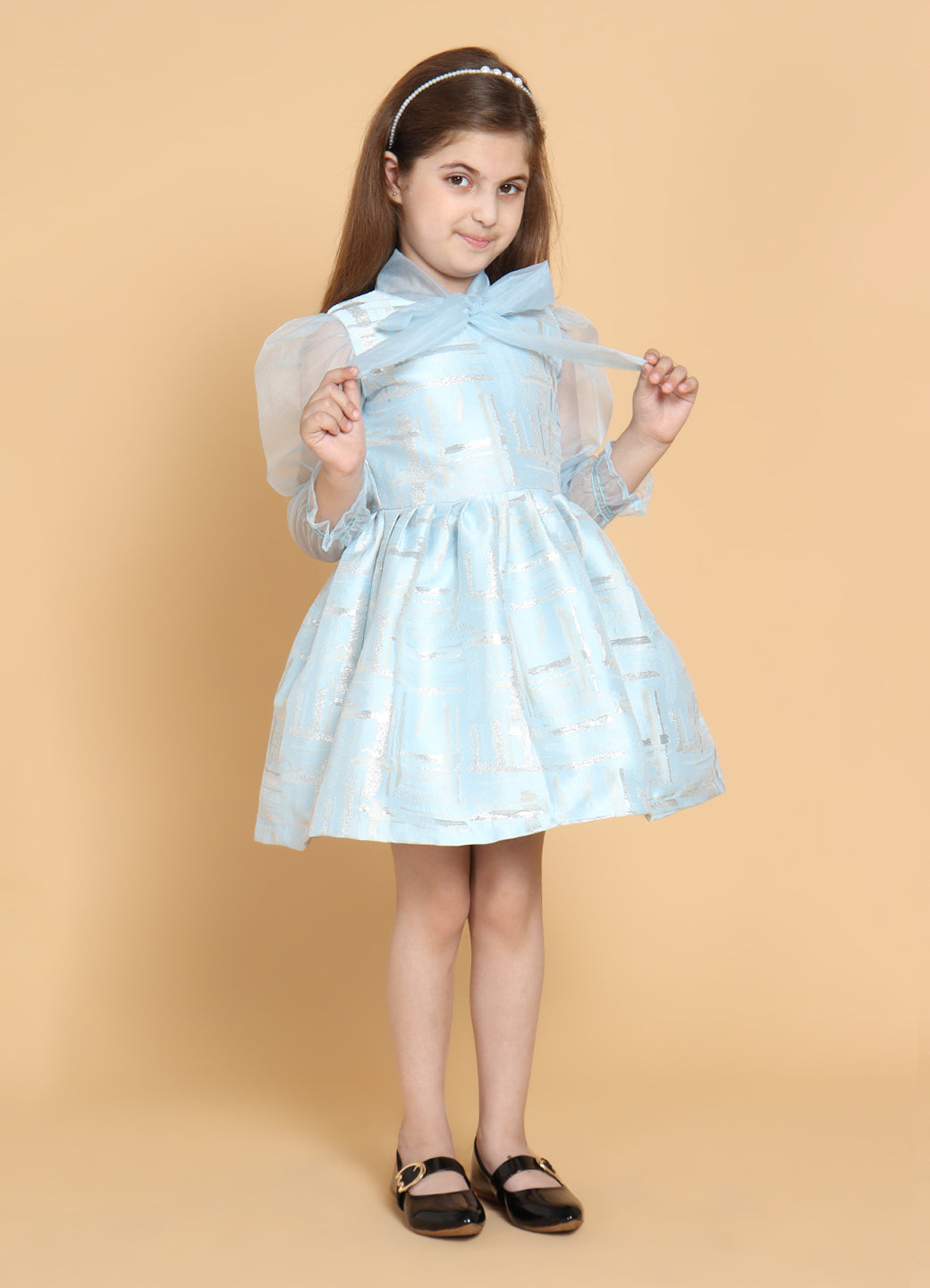 Girls Aqua Jacquard Dress With Organza Details