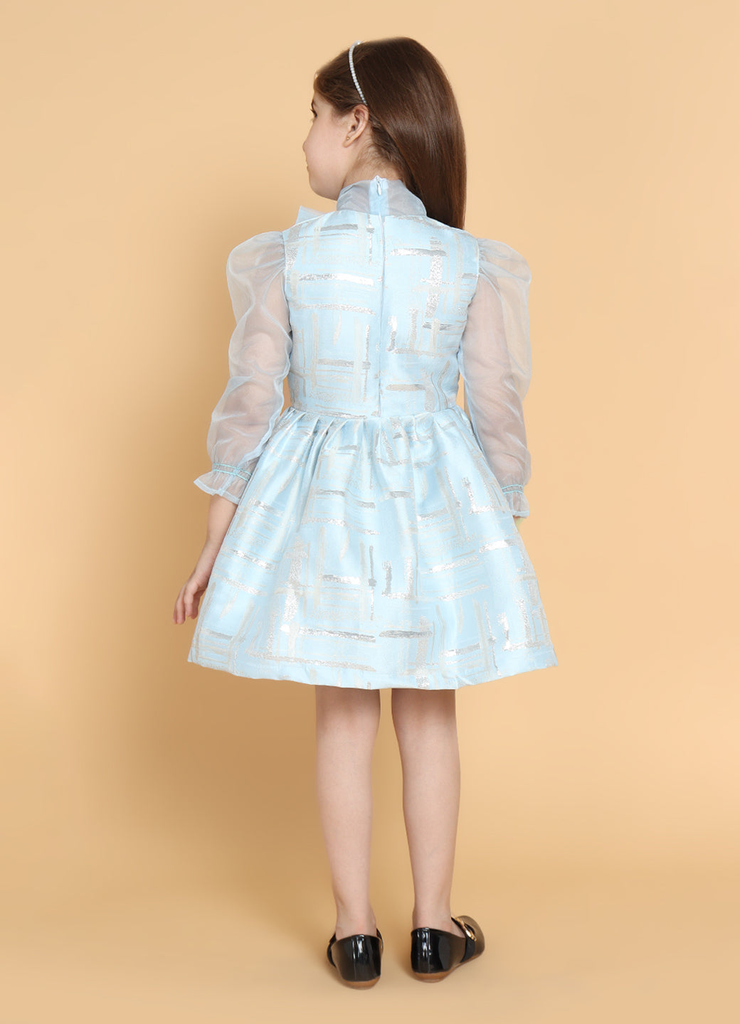 Aqua Jacquard Dress With Organza Details