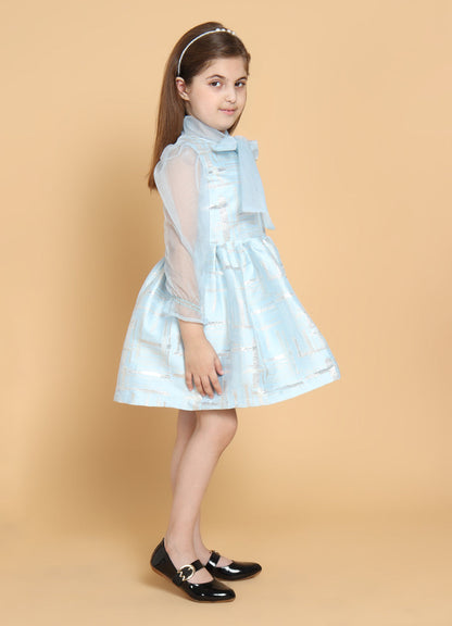 Aqua Jacquard Dress With Organza Details