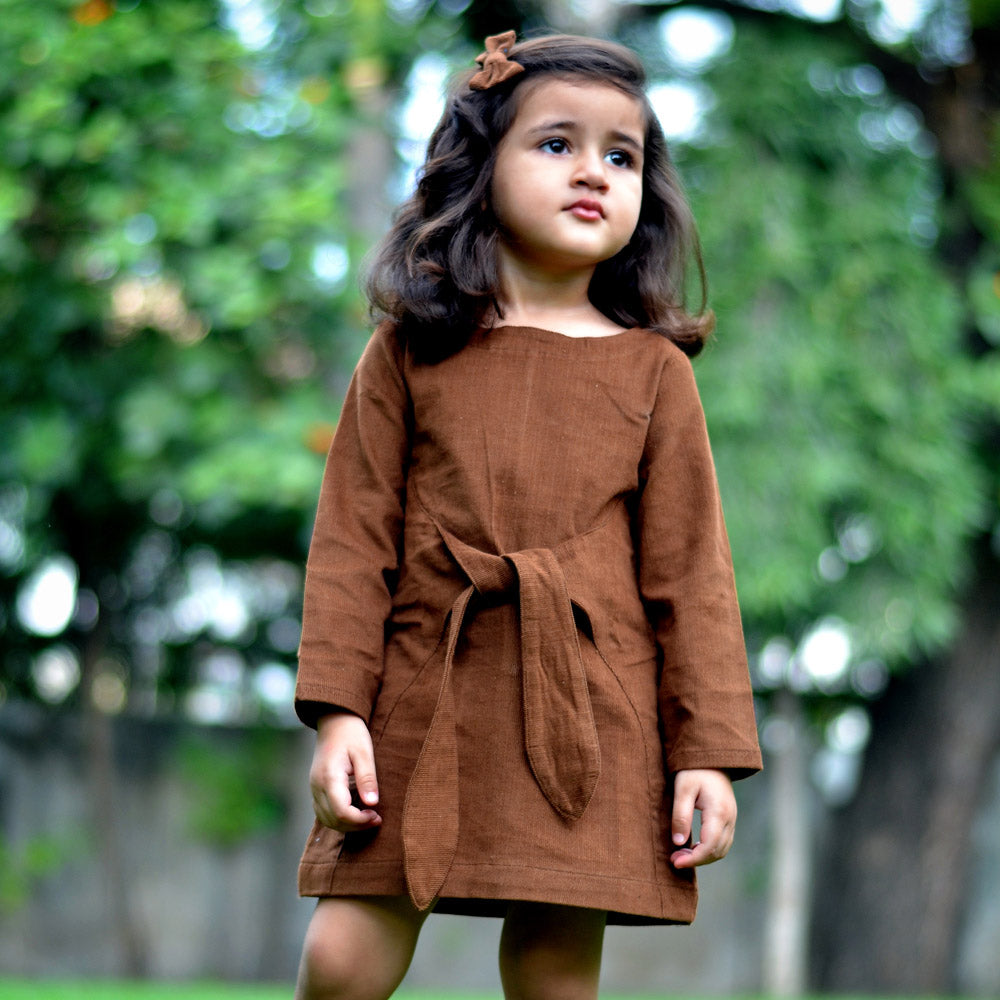 PICCOLO A-line Dress with Waist Tie-Up For Girls (Brown, 3-4Y) PICCOLO A-line Dress with Waist Tie-Up For Girls (Brown, 3-4Y)