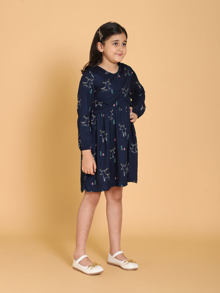 Navy Blue Dear Print Panelled Dress