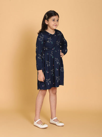 Navy Blue Dear Print Panelled Dress