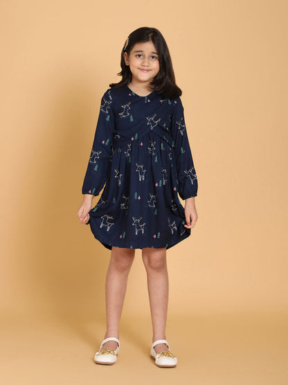Navy Blue Dear Print Panelled Dress