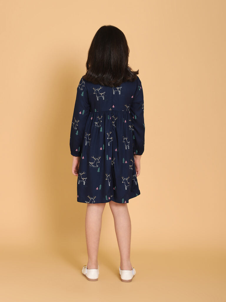 Navy Blue Dear Print Panelled Dress