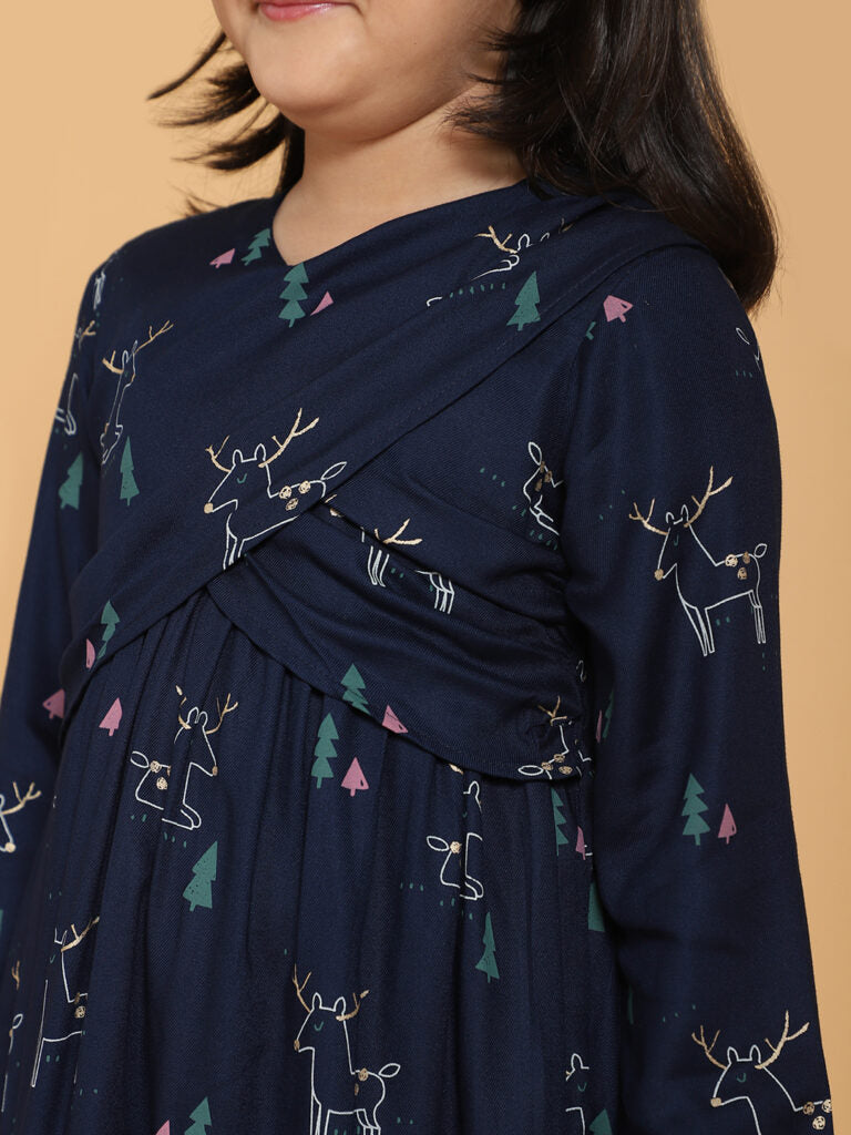 Navy Blue Dear Print Panelled Dress