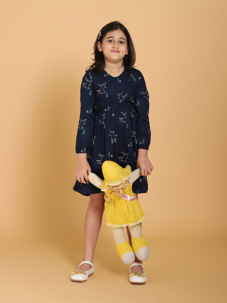 Navy Blue Dear Print Panelled Dress