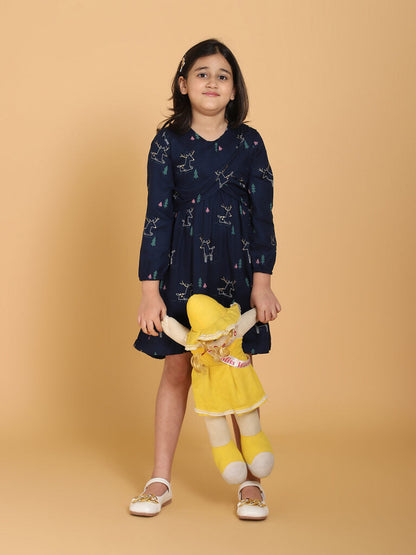 Navy Blue Dear Print Panelled Dress