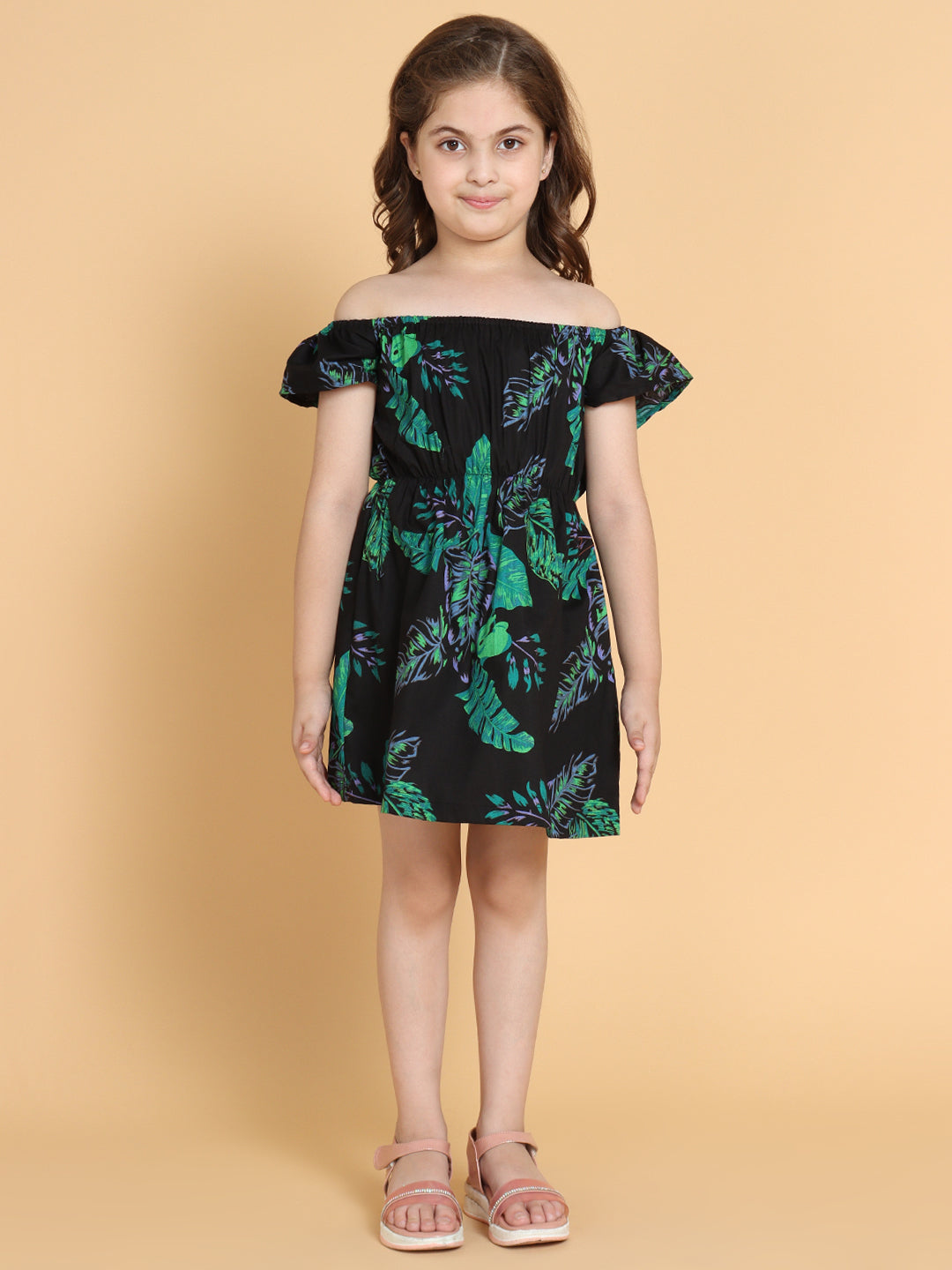 Girls Black Off Shoulder Floral Print Dress