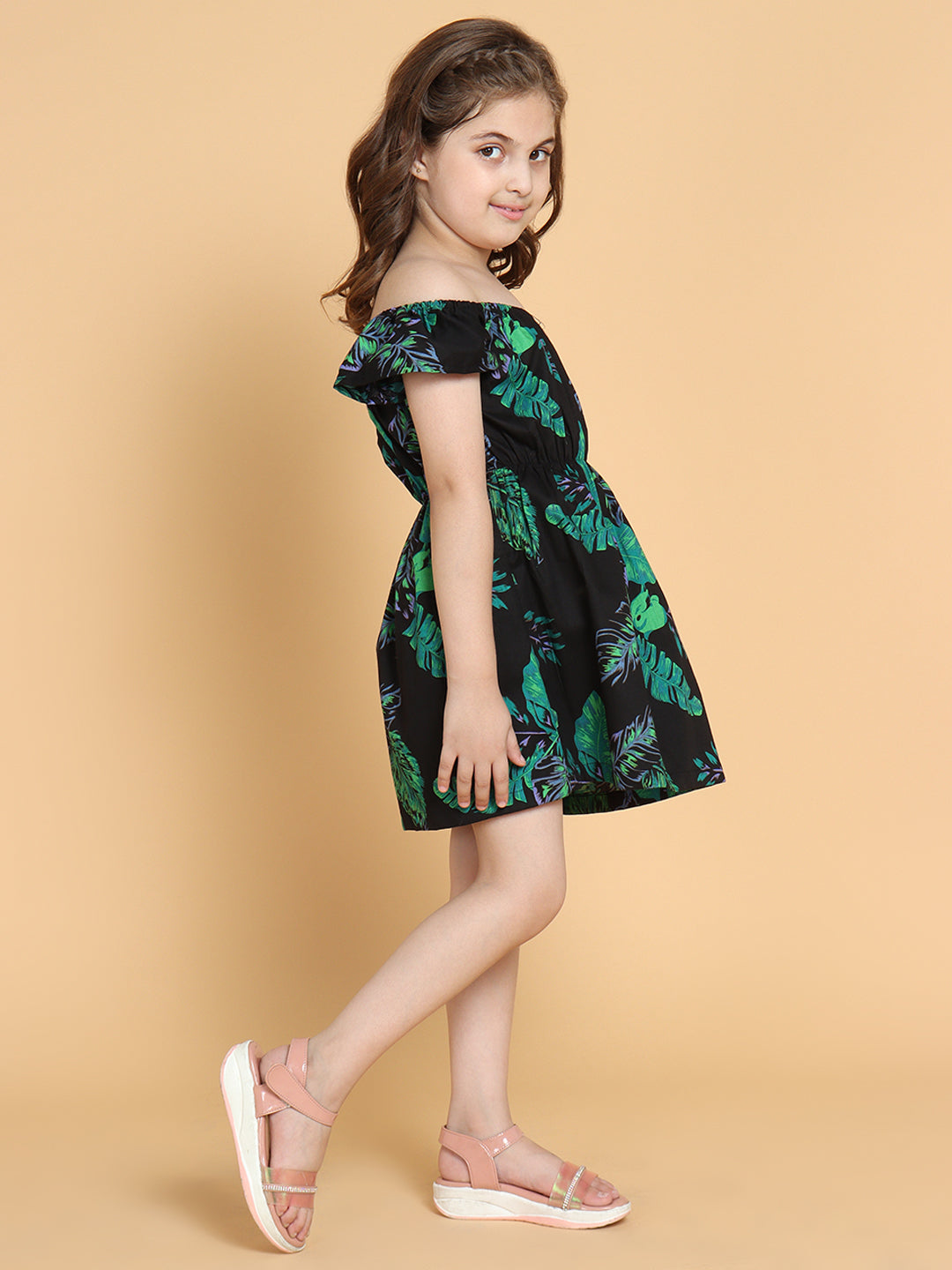 Girls Black Off Shoulder Floral Print Dress