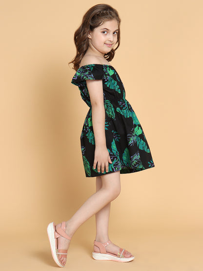 Girls Black Off Shoulder Floral Print Dress