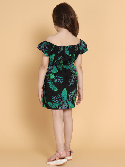 Girls Black Off Shoulder Floral Print Dress