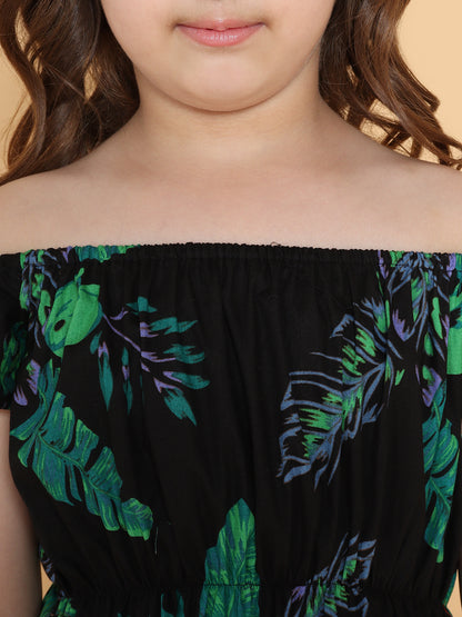 Girls Black Off Shoulder Floral Print Dress