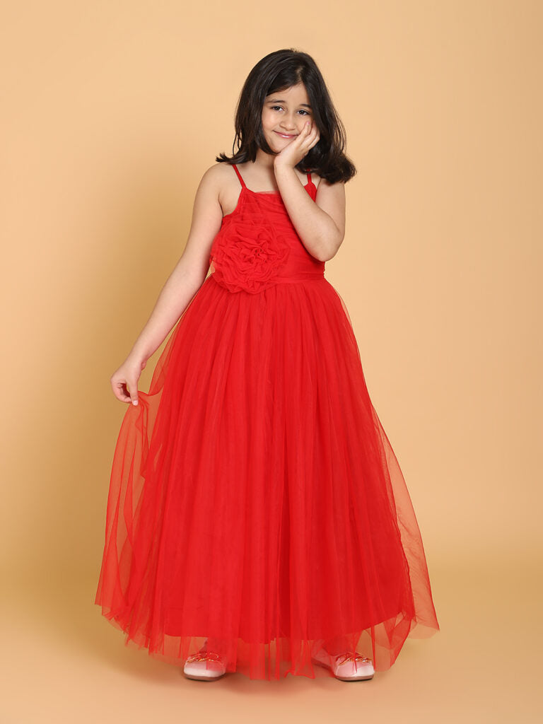 Red Net Gown With Flower
