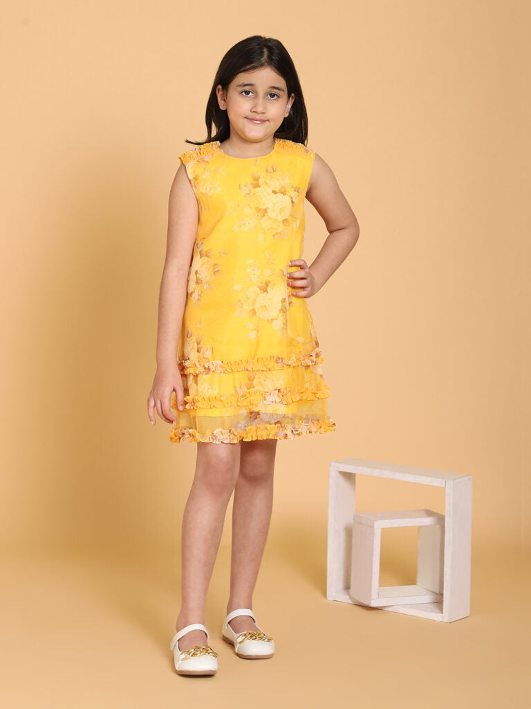Yellow Floral Print Organza Dress-