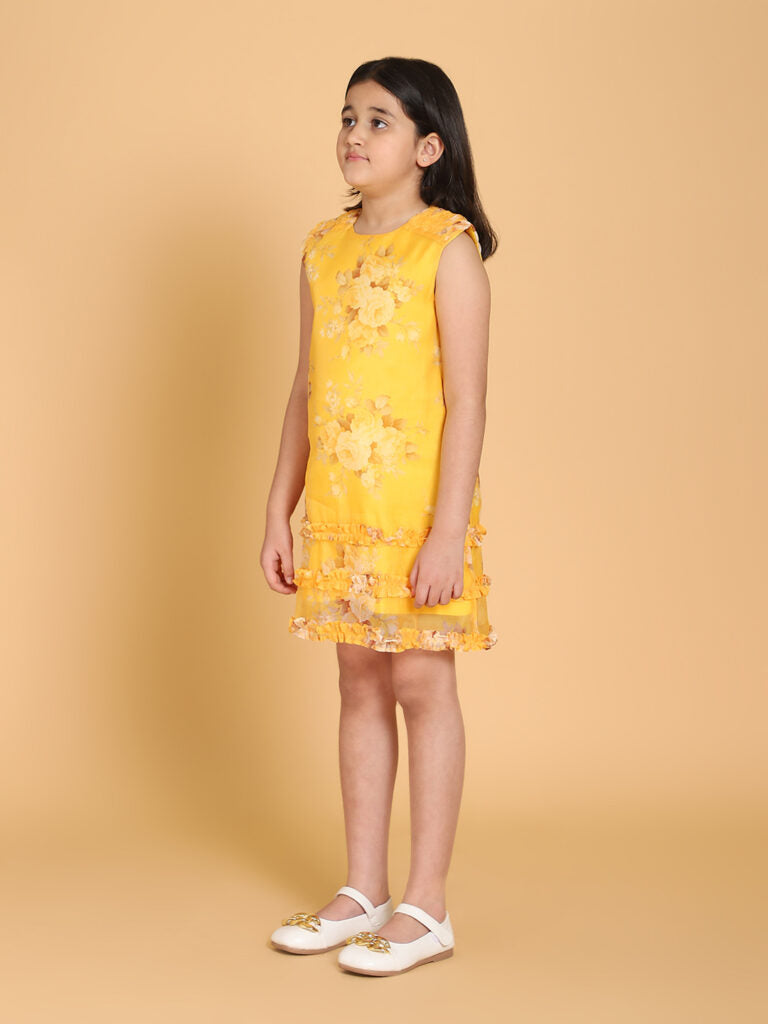 Yellow Floral Print Organza Dress-