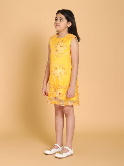 Yellow Floral Print Organza Dress-