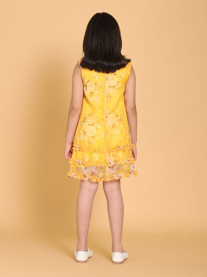 Yellow Floral Print Organza Dress-