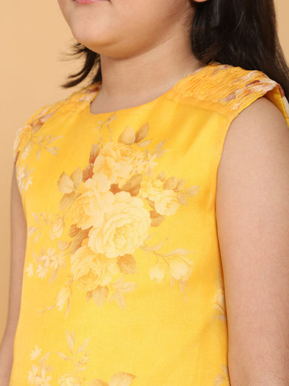 Yellow Floral Print Organza Dress-
