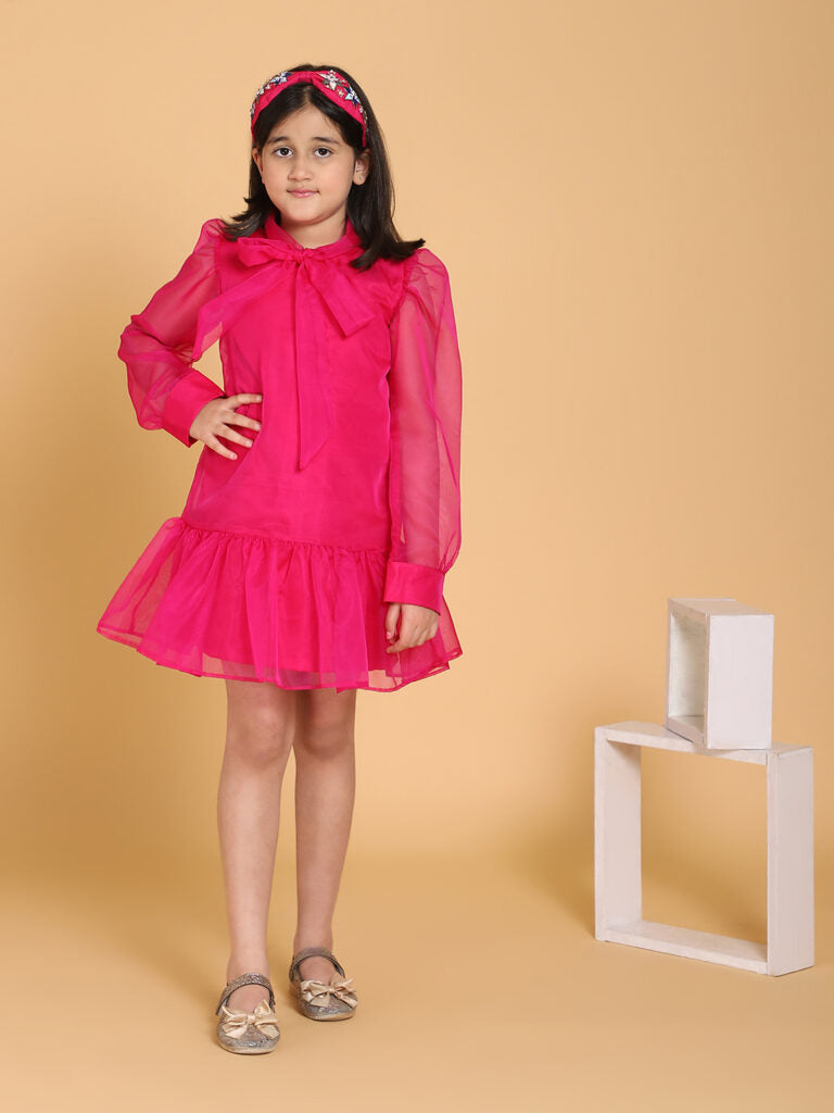 Pink Organza Dress With Bow Tie