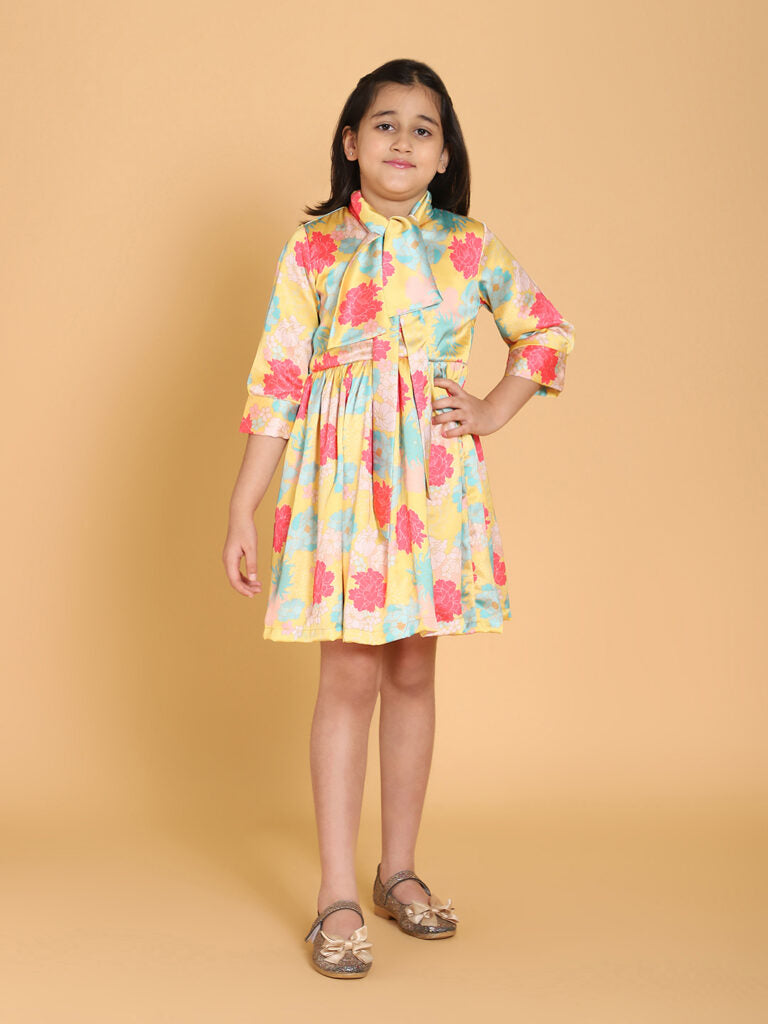 Yellow Floral Print Satin Dress