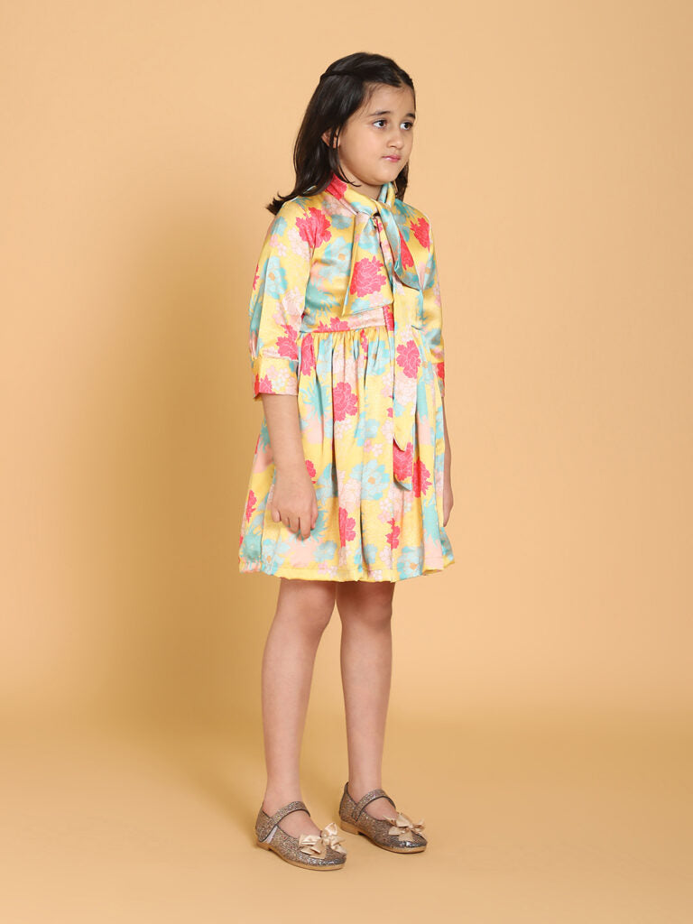 Yellow Floral Print Satin Dress
