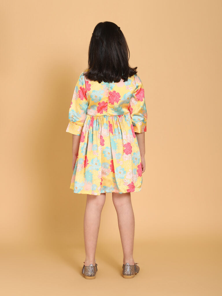 Yellow Floral Print Satin Dress