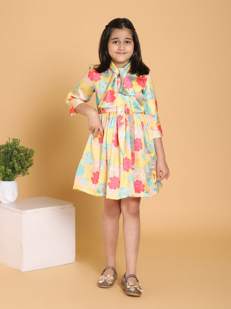 Yellow Floral Print Satin Dress
